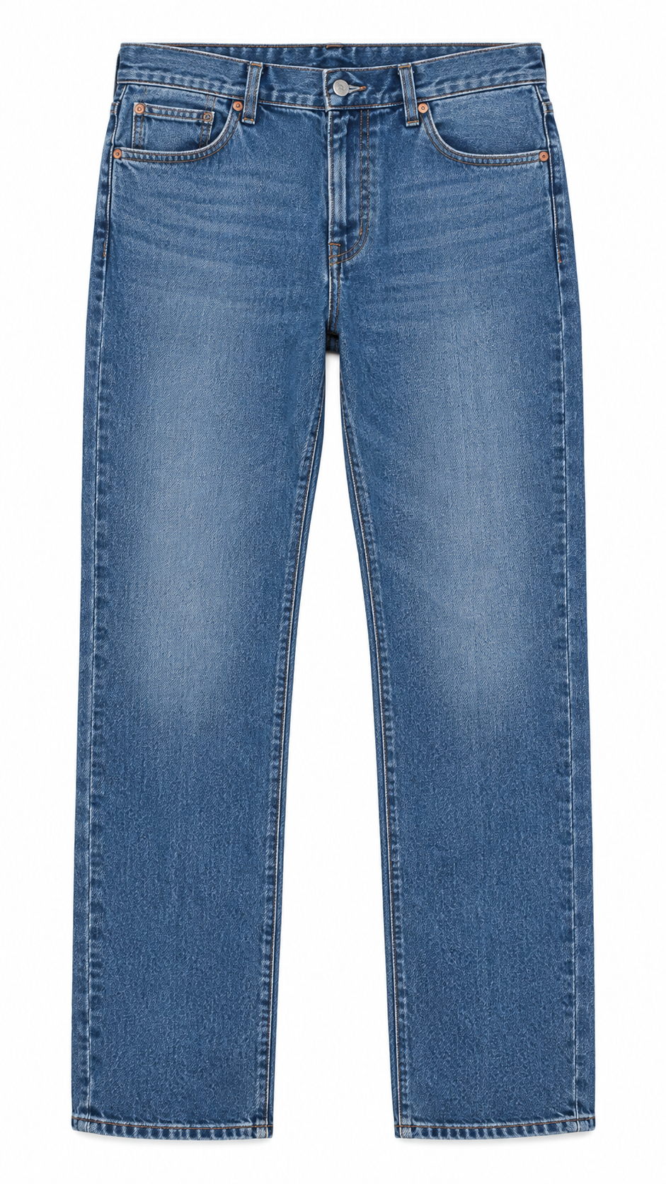 Blue denim jeans on a pure white background
