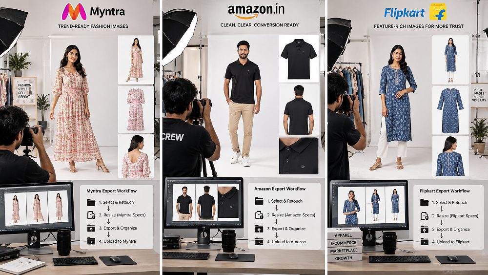 Behind the scenes of comparison of ecommerce fashion photography planning for Myntra, Amazon India and Flipkart showing