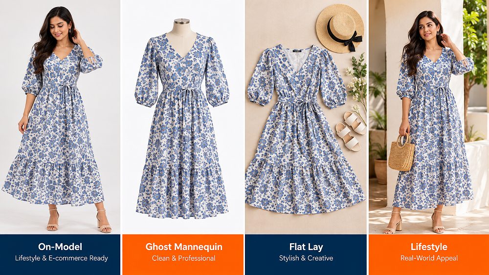 Behind the scenes of ecommerce fashion photography style comparison showing the same clothing product photographed on a