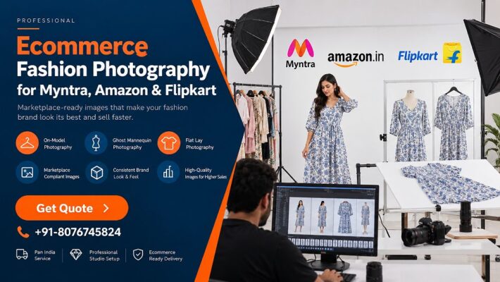 Ecommerce fashion photography production showing a clothing brand preparing on-model, ghost mannequin and