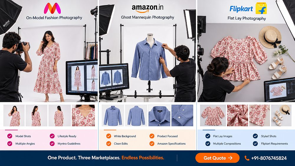 Behind the scenes of ecommerce fashion photography production showing a clothing brand preparing on-model, ghost