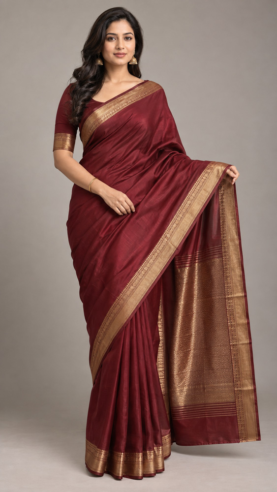 Maroon silk saree draped on a model