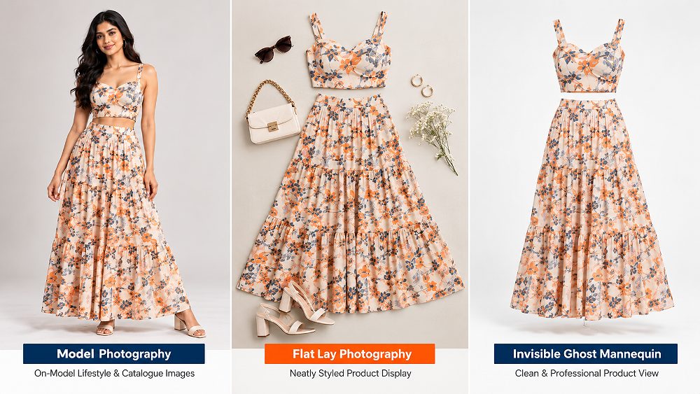 Behind the scenes of comparison of fashion ecommerce photography methods showing model photography, neatly styled flat lay