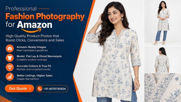 Fashion Photography for Amazon with an Indian female apparel model wearing a premium ecommerce garment on a