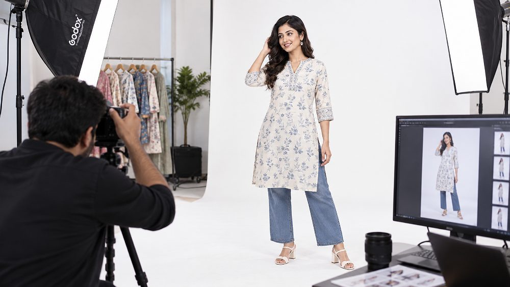 Behind the scenes of fashion Photography for Amazon with an Indian female apparel model wearing a premium ecommerce
