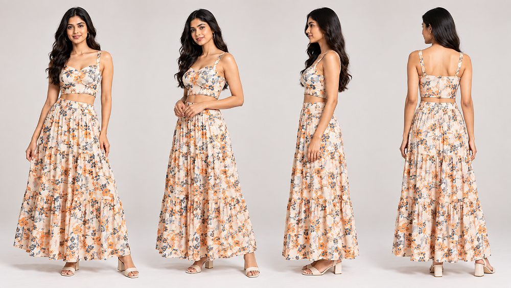 Behind the scenes of myntra photoshoot pose guide showing the same Indian fashion model in front, three-quarter, side and