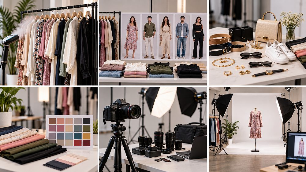 Behind the scenes of myntra fashion photography preparation showing a clothing brand ecommerce shoot checklist with