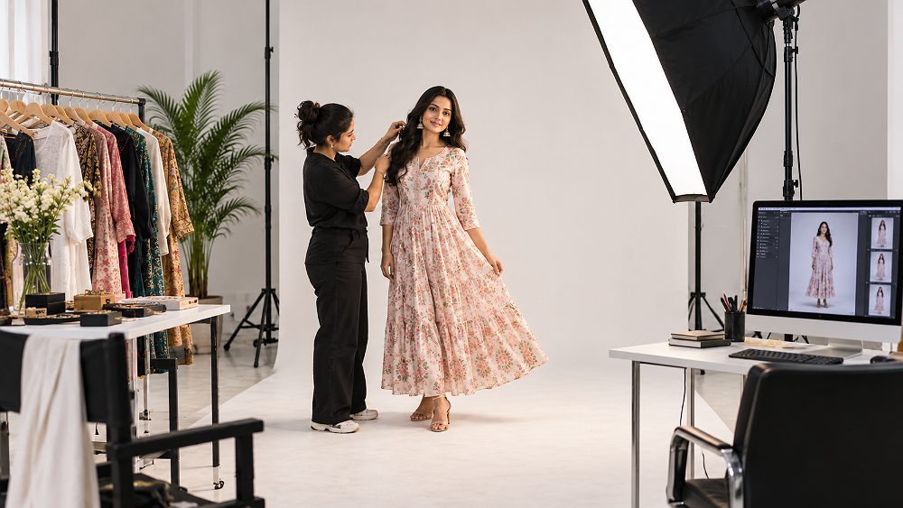 Behind the scenes of professional Myntra fashion photoshoot production in India with photographer, fashion model,