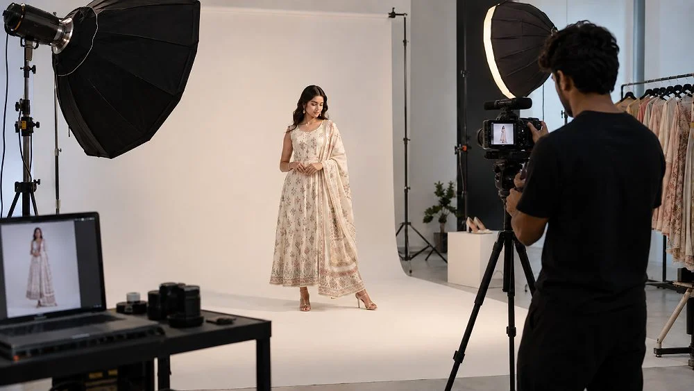 Fashion ecommerce set where a photographer captures stills of a model in a floral ethnic dress while a videographer films the same look on a gimbal under large octabox lights, showing how one studio day covers product video cost and photos together