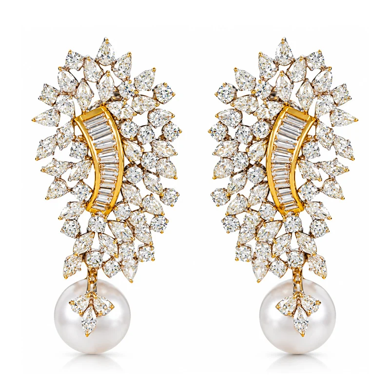 Pair of gold crystal cluster drop earrings with large white pearls photographed side by side on a clean white background, symmetrical layout that shows both earrings exactly as sold for an Amazon jewellery listing photo