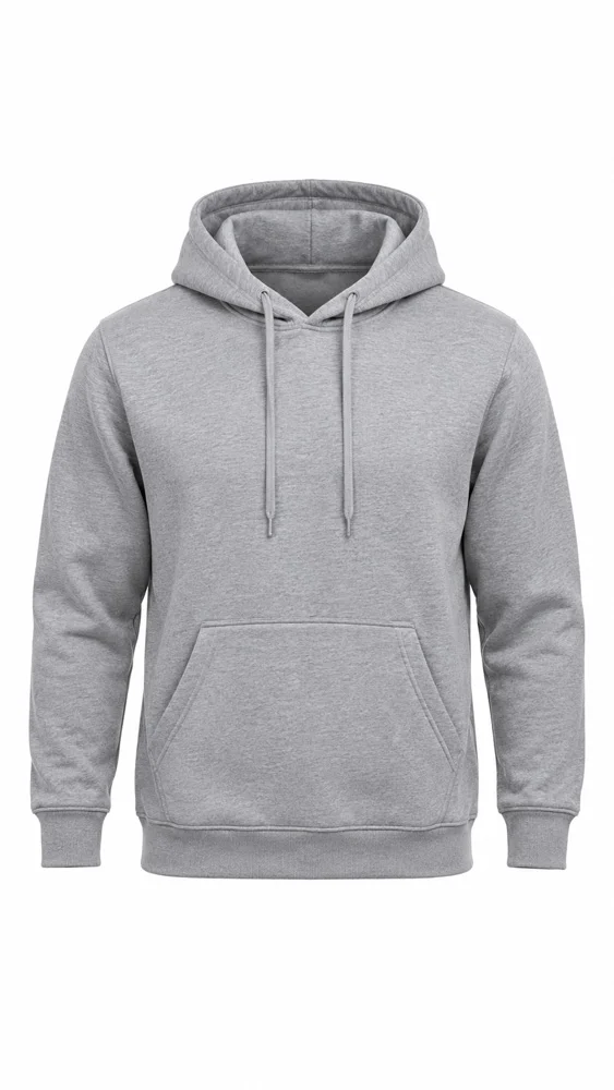 Heather grey pullover hoodie with drawstrings and kangaroo pocket photographed as a ghost mannequin image on a pure white background, hollow 3D shape with no visible mannequin, compliant with Amazon clothing main image rules
