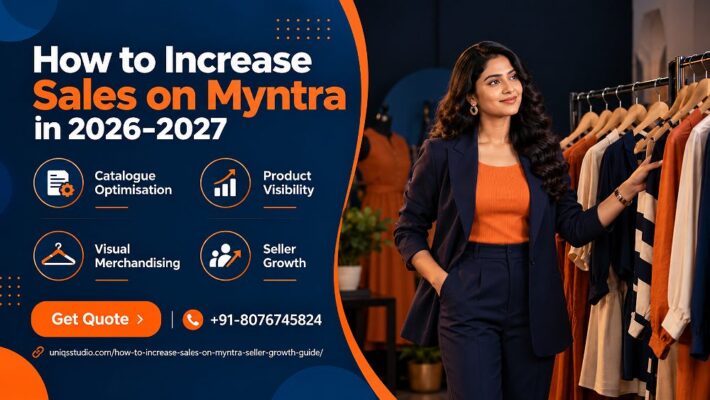 Increase Sales on Myntra strategy visual with a fashion professional beside a clothing rack in a dark