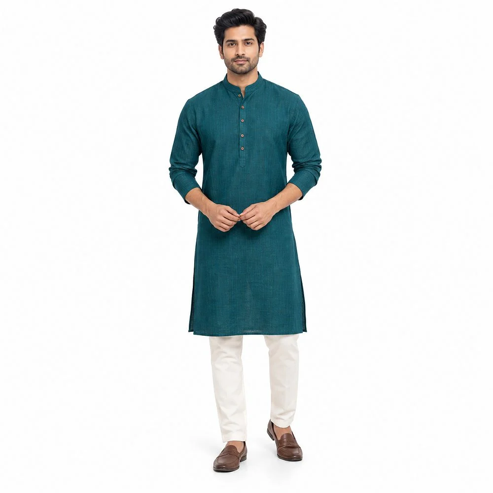 Meesho listing photo of an Indian male model in a teal green straight-cut kurta with white churidar and brown loafers, full-length front pose on a pure white background with soft shadowless studio lighting