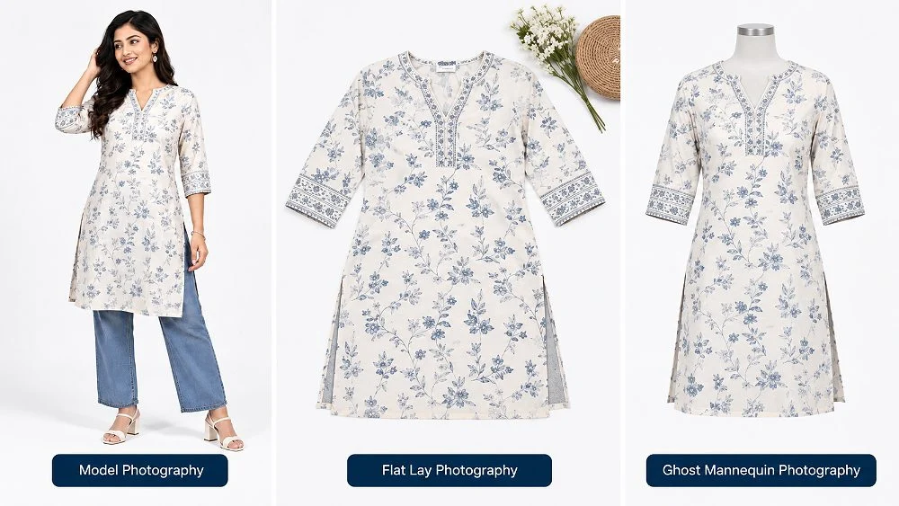 Side-by-side comparison of the same white floral printed kurta shown three ways — on an Indian female model with jeans, as a flat lay, and as a ghost mannequin image — to compare Amazon clothing photography styles