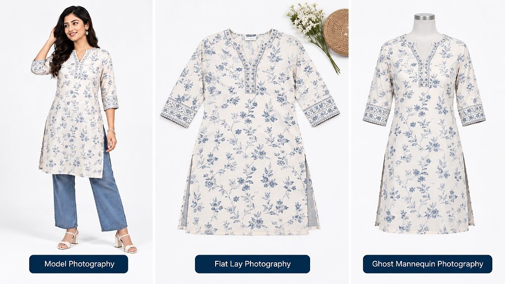 Behind the scenes of amazon clothing photography comparison of the same apparel item photographed with an Indian model,