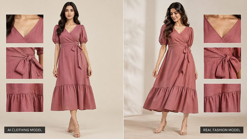 Behind the scenes of close comparison of garment fit, drape, fabric texture and details on an AI clothing model versus a