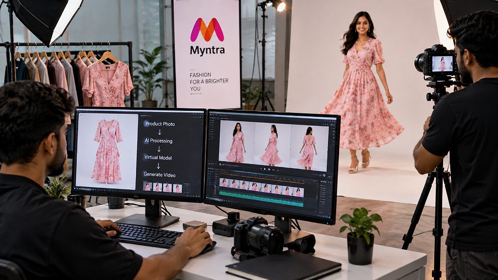 Behind the scenes of aI garment video workflow showing a clothing product transformed into an on-model ecommerce fashion