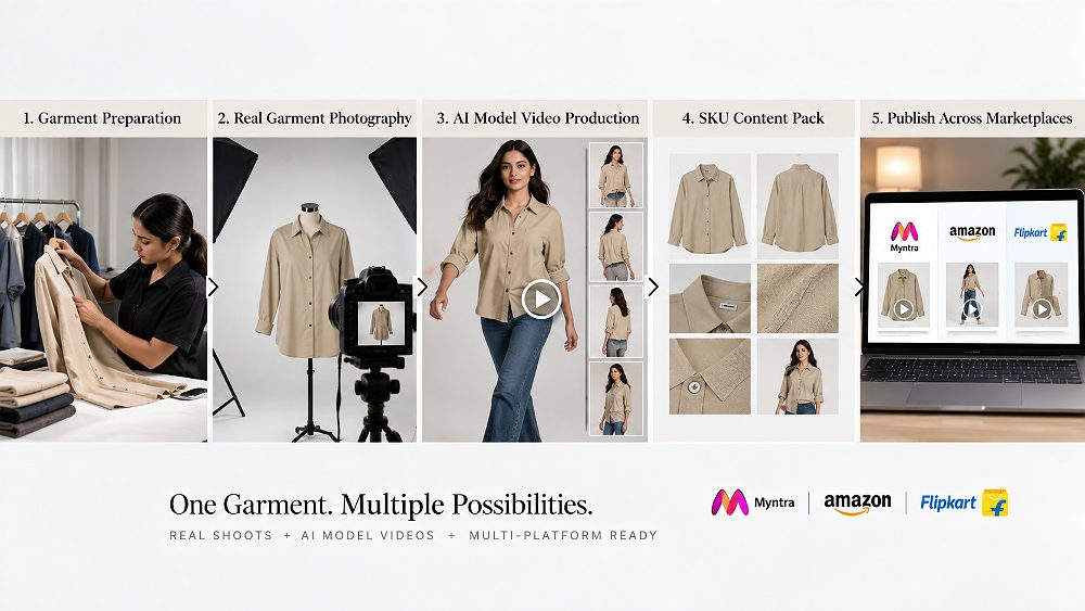 Behind the scenes of hybrid ecommerce fashion workflow combining real garment photography and AI model video production