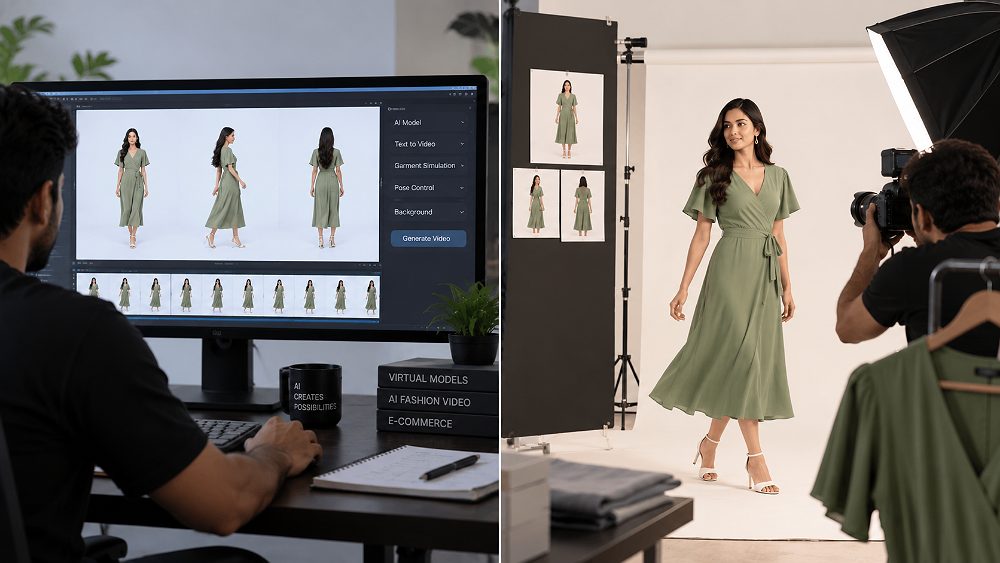 Behind the scenes of split comparison of an AI clothing model video and a professional real fashion model shoot for