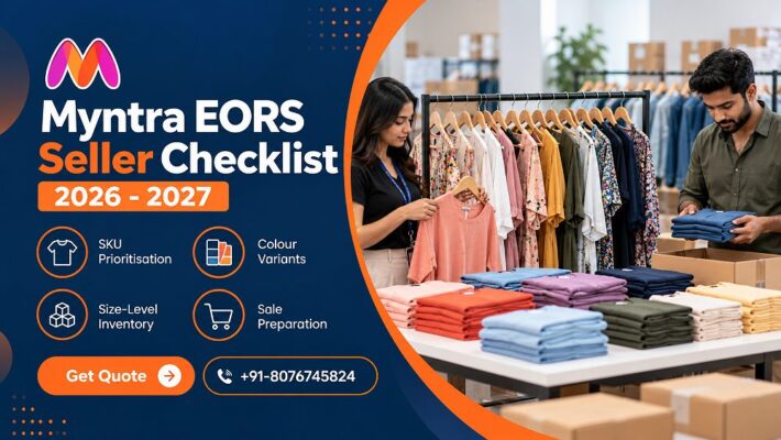 Myntra EORS Checklist for fashion sellers with organised apparel assortment on racks representing SKU