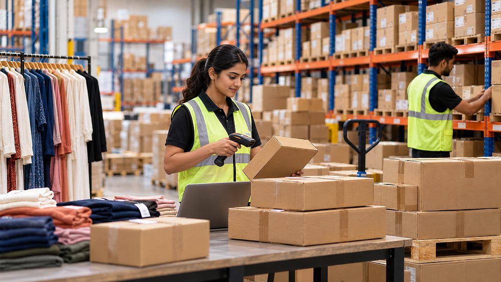 Behind the scenes of myntra EORS inventory planning warehouse scene with organised cartons and storage racks illustrating