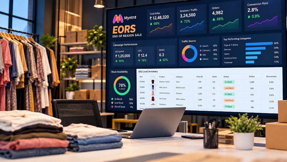 Behind the scenes of myntra EORS seller dashboard and sale-day command centre showing ecommerce inventory spreadsheet,