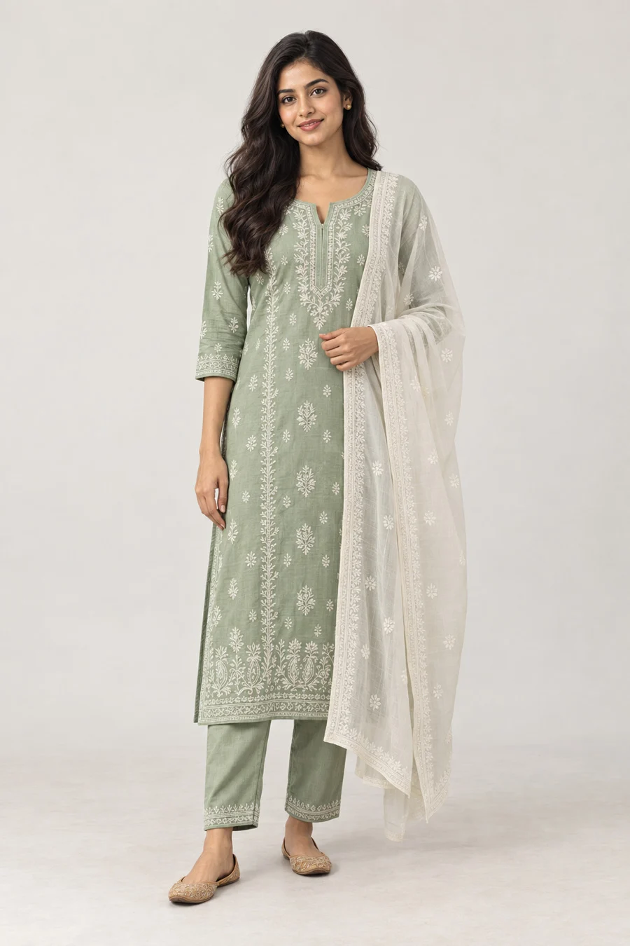 Full-length ethnic wear catalogue photo of an Indian model in a sage green embroidered kurta, straight pants and an off-white dupatta draped over one arm on a pale studio backdrop, an example of kurta set framing for plus size fashion ecommerce images