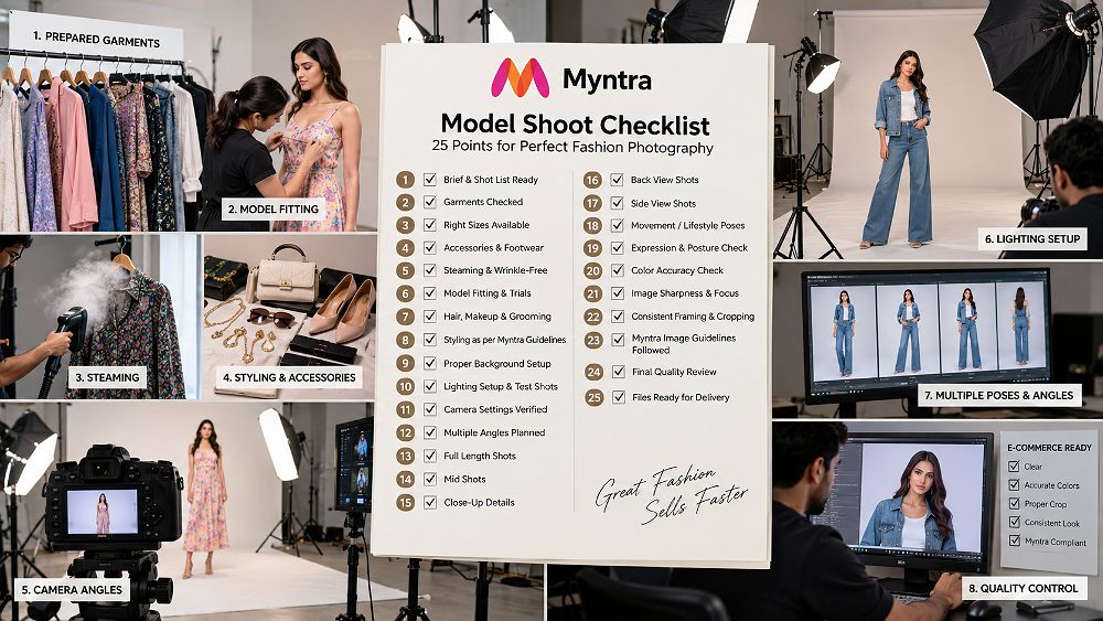 Behind the scenes of 25-point Myntra model shoot checklist in a professional fashion studio showing prepared garments,