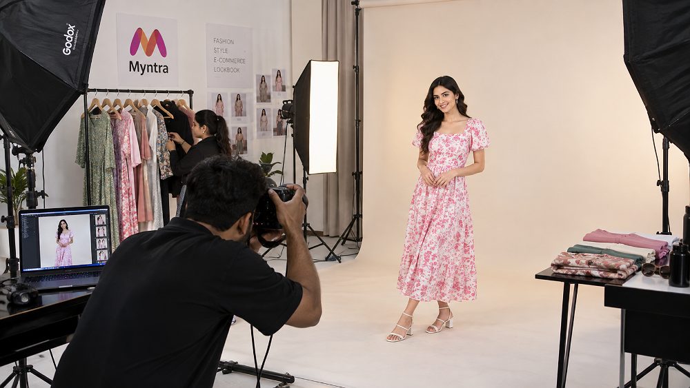 Behind the scenes of myntra Fashion Photography model shoot in a professional Delhi NCR ecommerce studio with a fashion