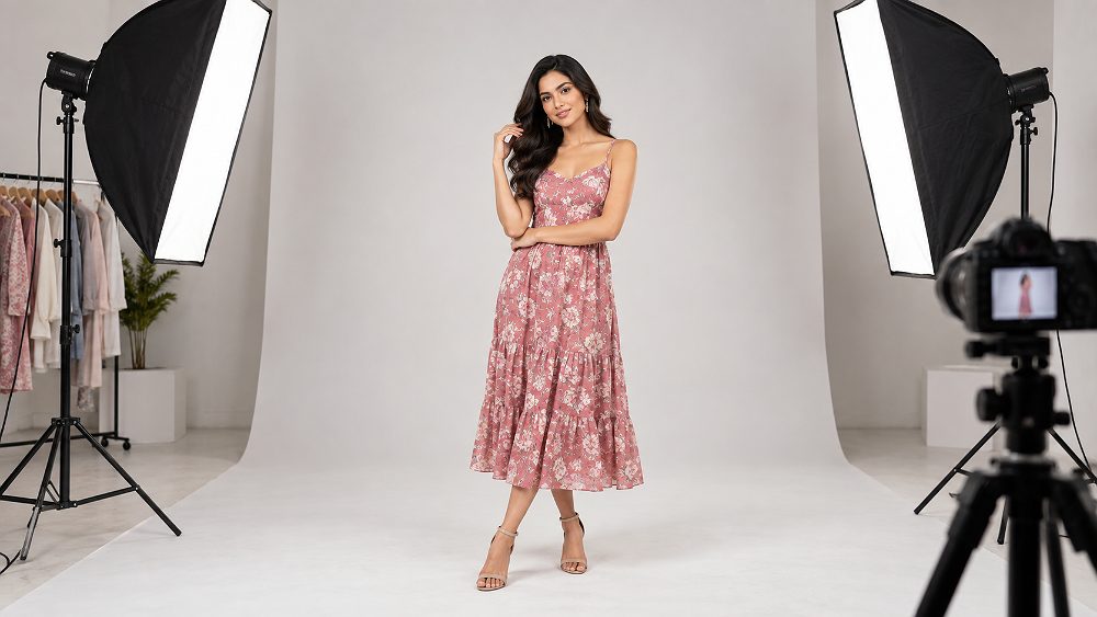 Behind the scenes of professional lighting setup for Myntra Fashion Photography with fashion model on a clean seamless