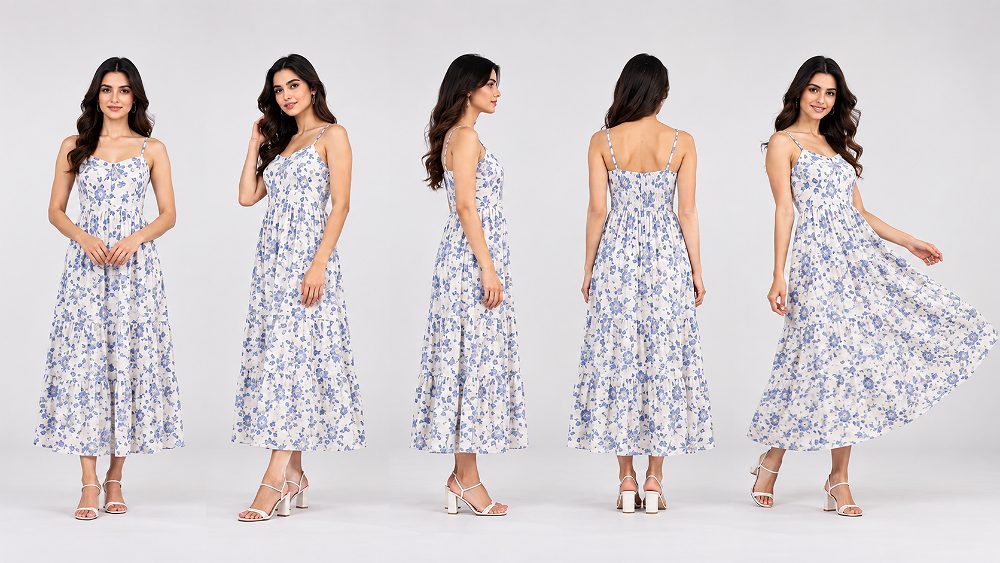 Behind the scenes of professional fashion model demonstrating ecommerce poses for Myntra Fashion Photography including