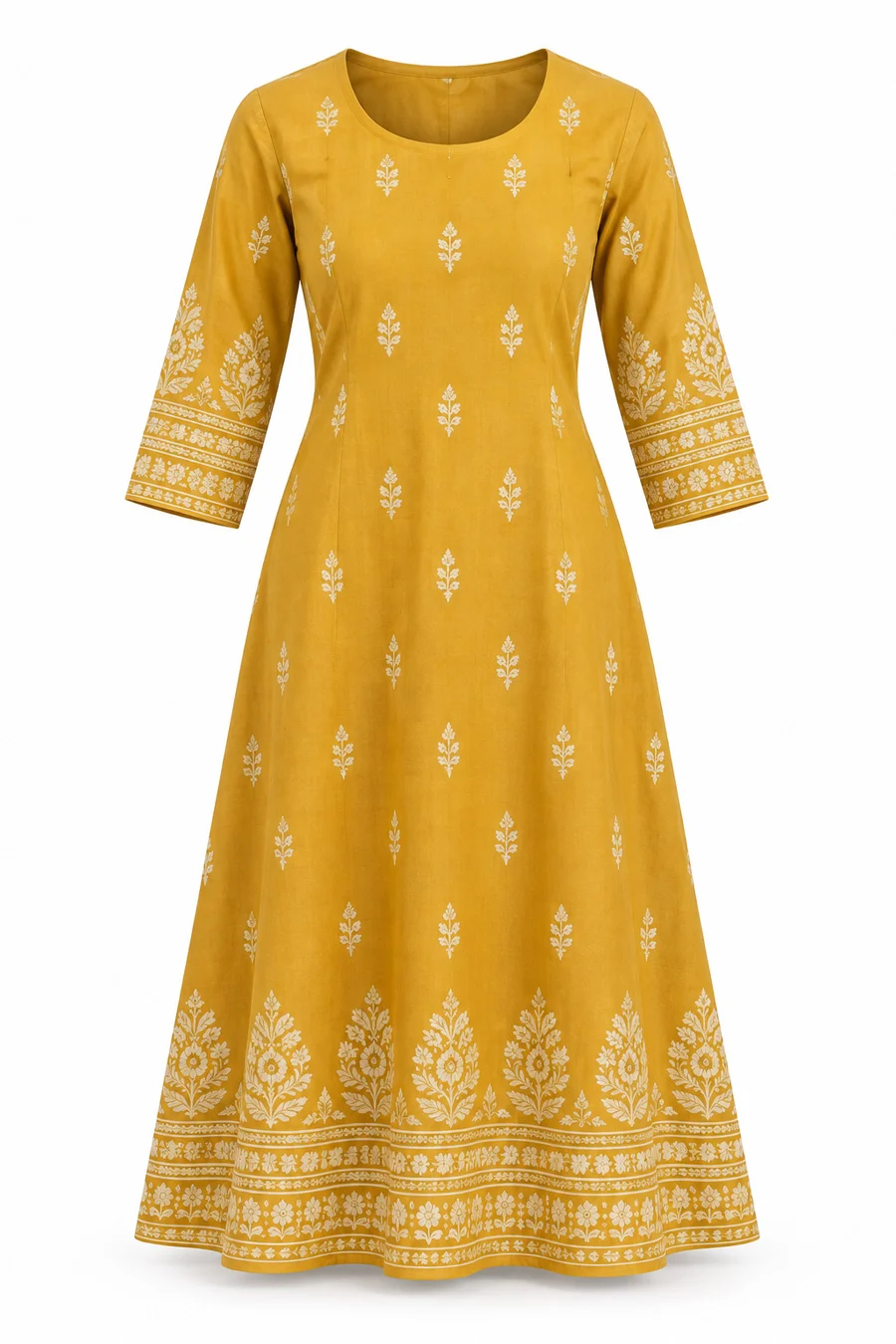 Meesho ghost mannequin images example of a mustard yellow cotton A-line kurta with white block-print motifs, round neckline and three-quarter sleeves, hollow invisible-mannequin effect on a pure white background