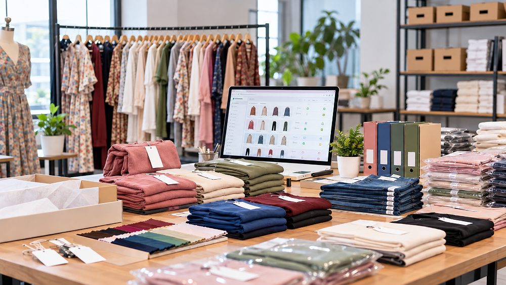 Behind the scenes of myntra product data sheet preparation scene with fashion ecommerce items organised for a marketplace