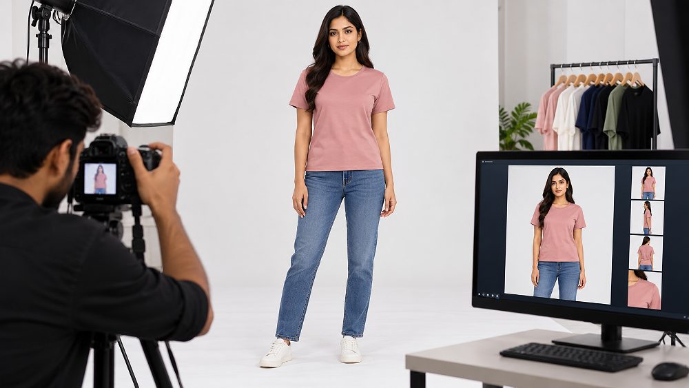 Behind the scenes of myntra product image checklist example with a plain apparel product photographed front-on in a