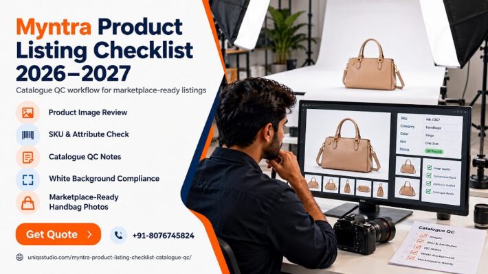 Myntra Product Listing Checklist 2026-2027 workflow scene with fashion ecommerce photographer checking a
