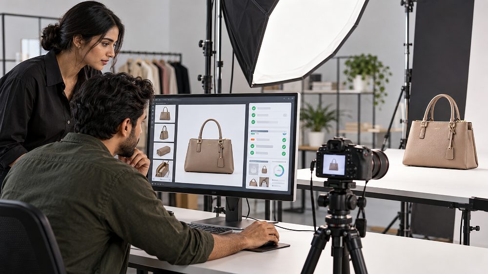 Behind the scenes of myntra Product Listing Checklist workflow scene with fashion ecommerce photographer checking a