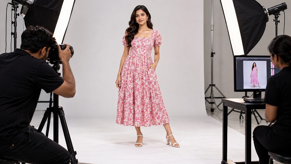 Behind the scenes of myntra model photography checklist scene with a professional fashion model in a clean studio,