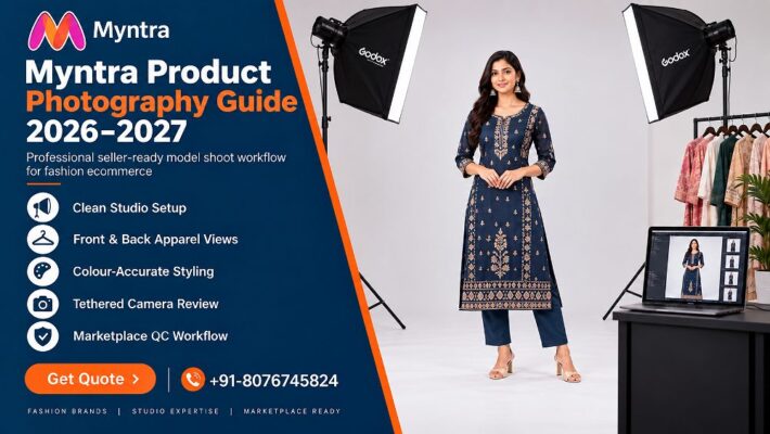 Myntra Product Photography setup for an Indian fashion ecommerce catalogue, professional model on clean