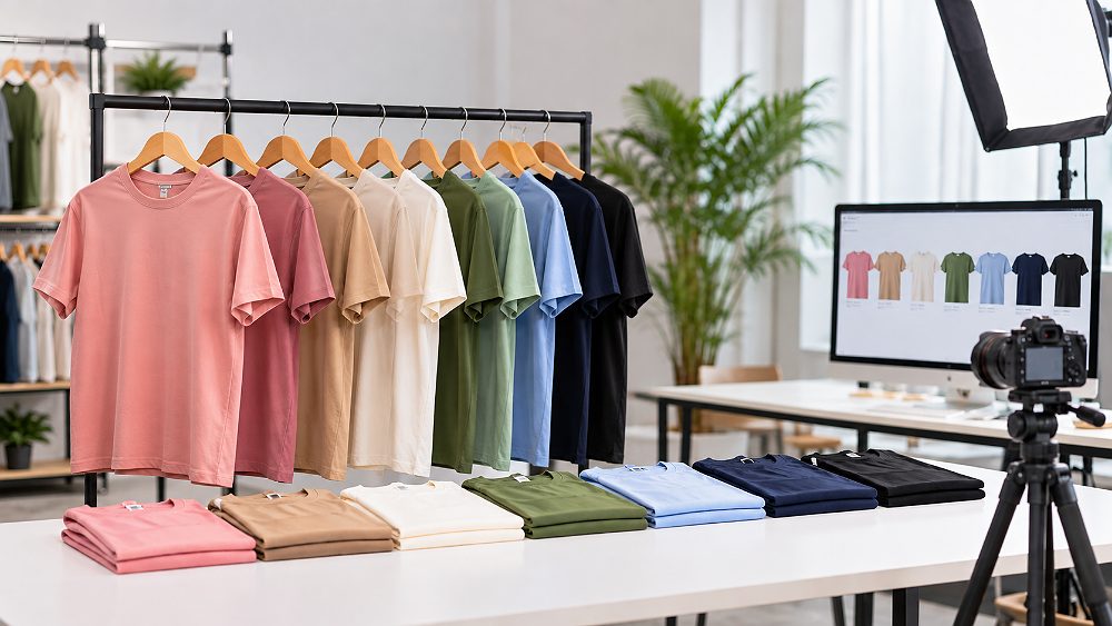 Behind the scenes of myntra SKU mapping checklist concept with multiple apparel colour variants organised on a clothing