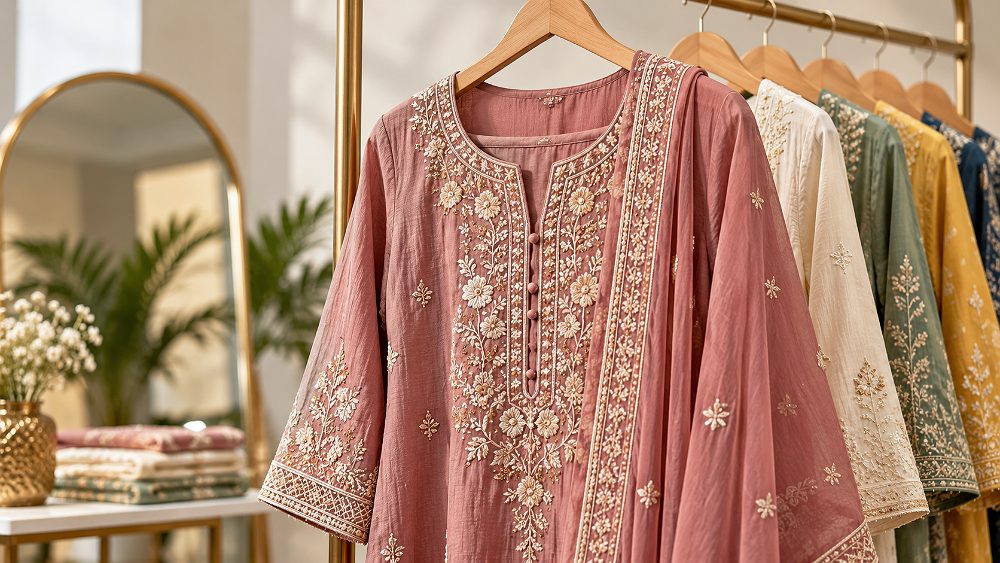 Behind the scenes of myntra catalogue photography checklist visual showing a close-up fashion garment on a rack with