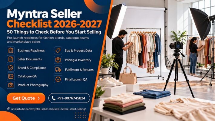Myntra Seller Checklist 2026-2027 hero image showing an organised professional fashion photography studio