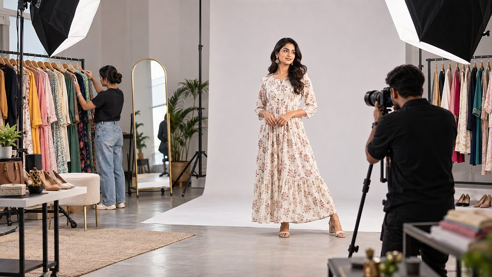 Behind the scenes of myntra Seller Checklist hero image showing an organised professional fashion photography studio in