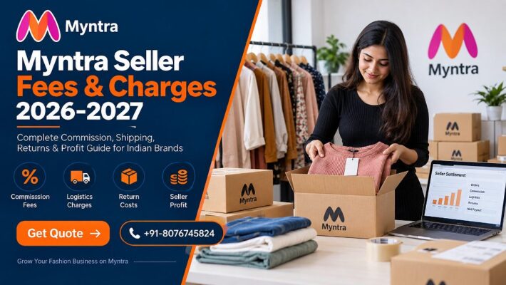 Myntra Seller Fees planning scene with a fashion ecommerce seller packing clothing orders, laptop-based
