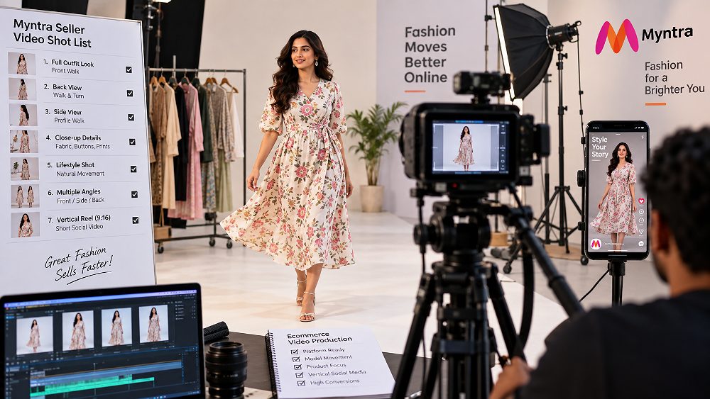 Behind the scenes of myntra garment video and product reels production showing fashion clothing, model movement reference,