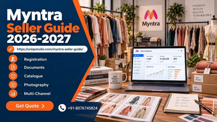 Myntra Seller guide for an Indian fashion ecommerce brand showing organised clothing racks, catalogue