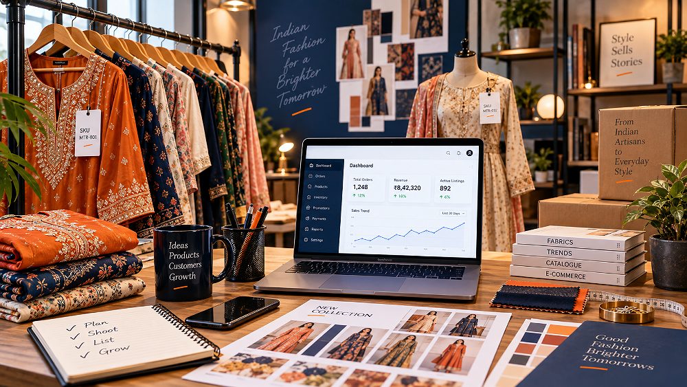 Behind the scenes of myntra Seller guide for an Indian fashion ecommerce brand showing organised clothing racks, catalogue
