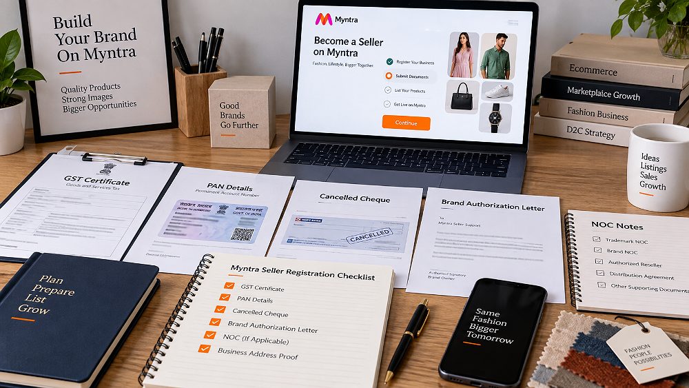 Behind the scenes of myntra Seller Registration documents checklist on a desk with GST certificate, PAN details, cancelled
