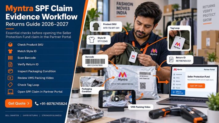 Myntra SPF Claim evidence workflow for an Indian ecommerce seller receiving a returned fashion parcel,