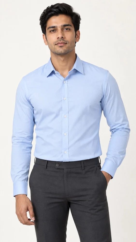 Menswear model shoot shot list front pose example: an Indian male model in a light-blue formal shirt tucked into charcoal trousers stands straight-front with relaxed arms against a light grey studio backdrop under soft even light
