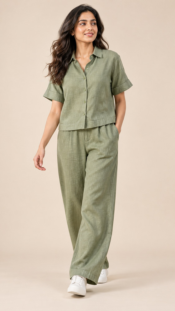 Sage linen co-ord set on a model in motion